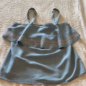 LED Luxe Essential Denim Embroidered Denim Maternity Top BNWT